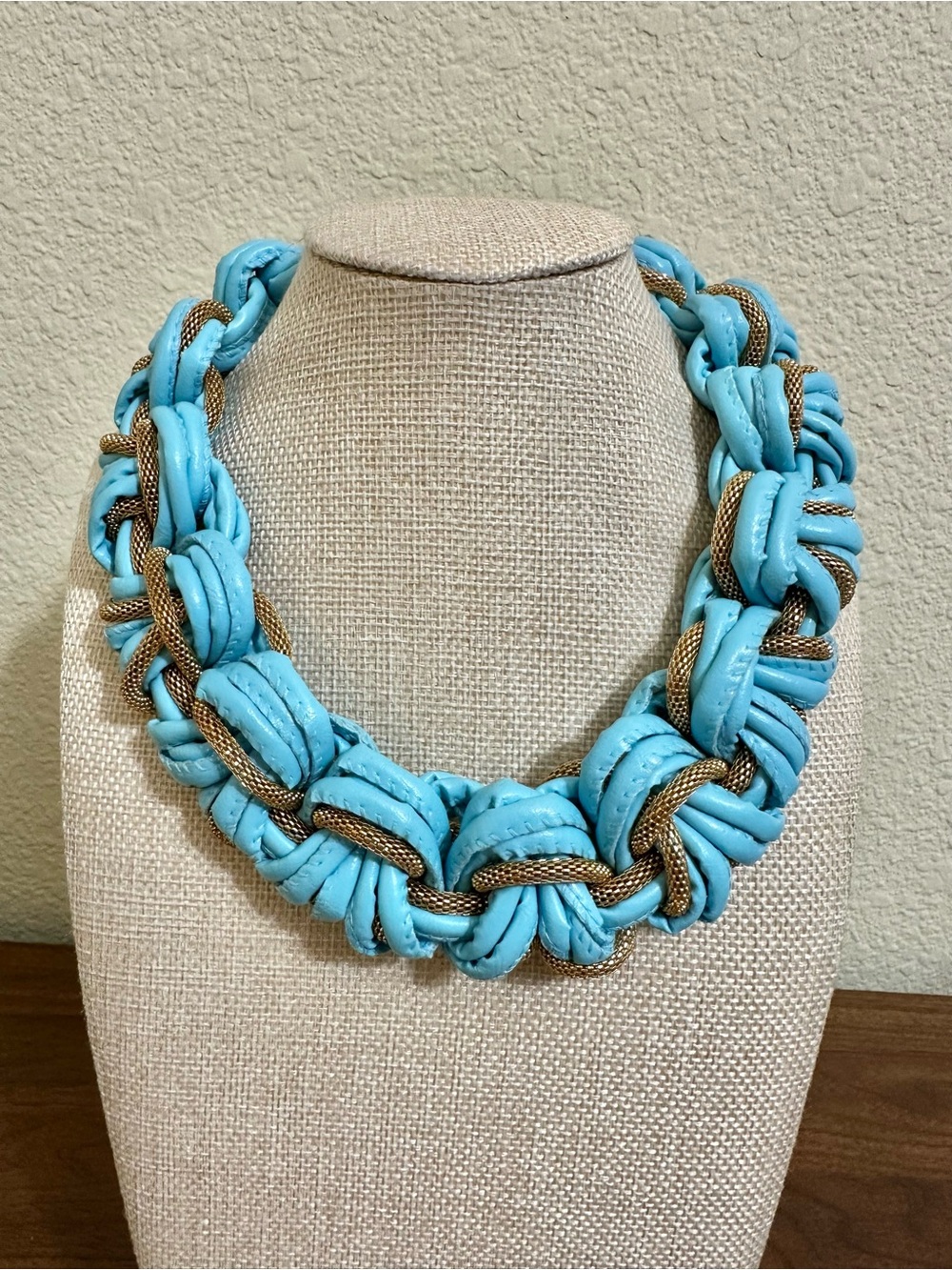 Turquoise Braided Statement Necklace w/Gold Mesh Intertwining (Necklace Only)